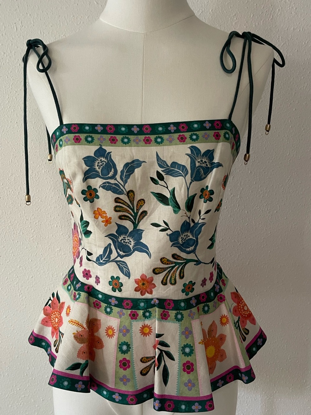 Zimmerman Floral Peplum Tie-Strap Top in White with Multicolor Blooms - Picture 2 of 16